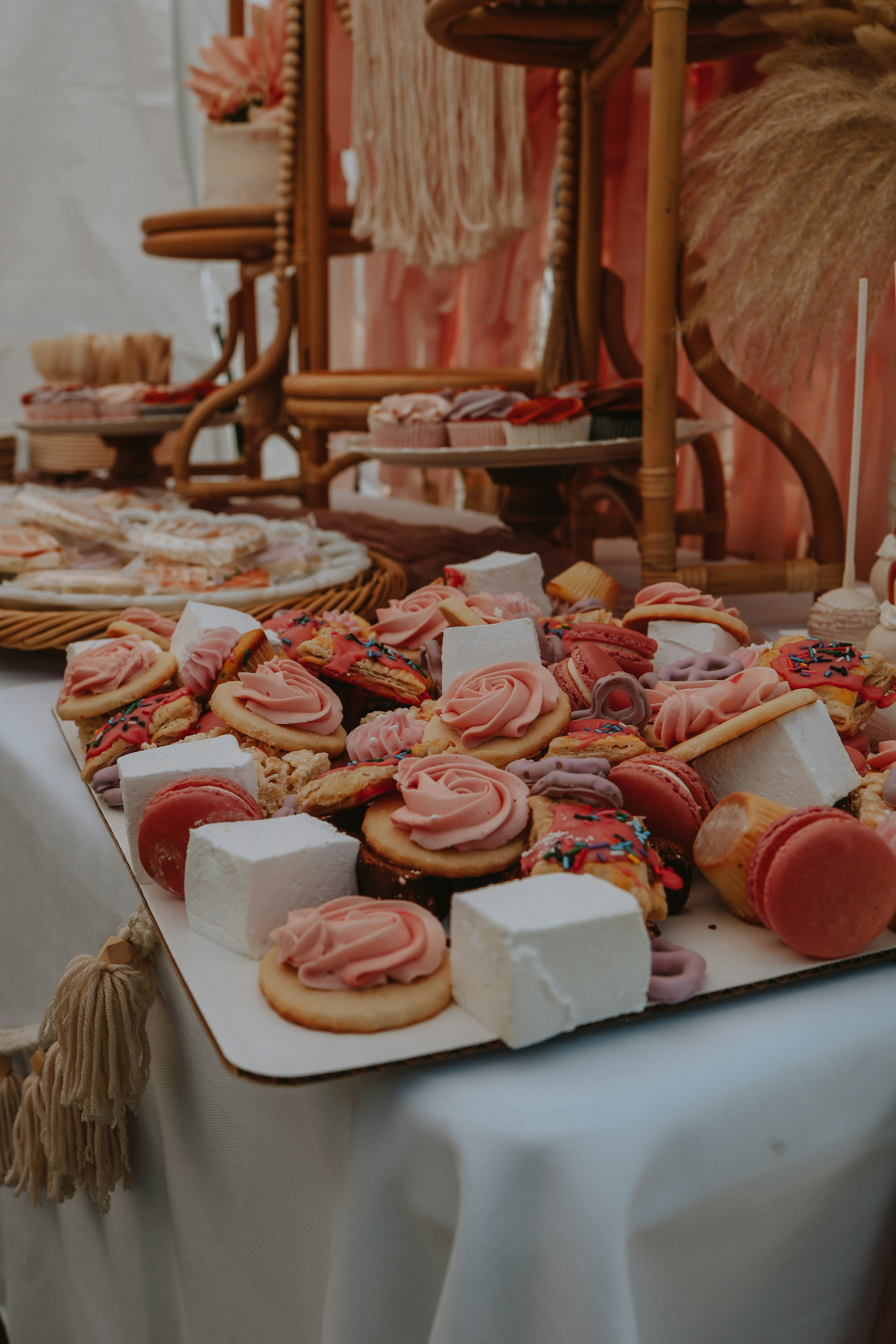 Assorted cookies and pastries on a white plate with a blurred background