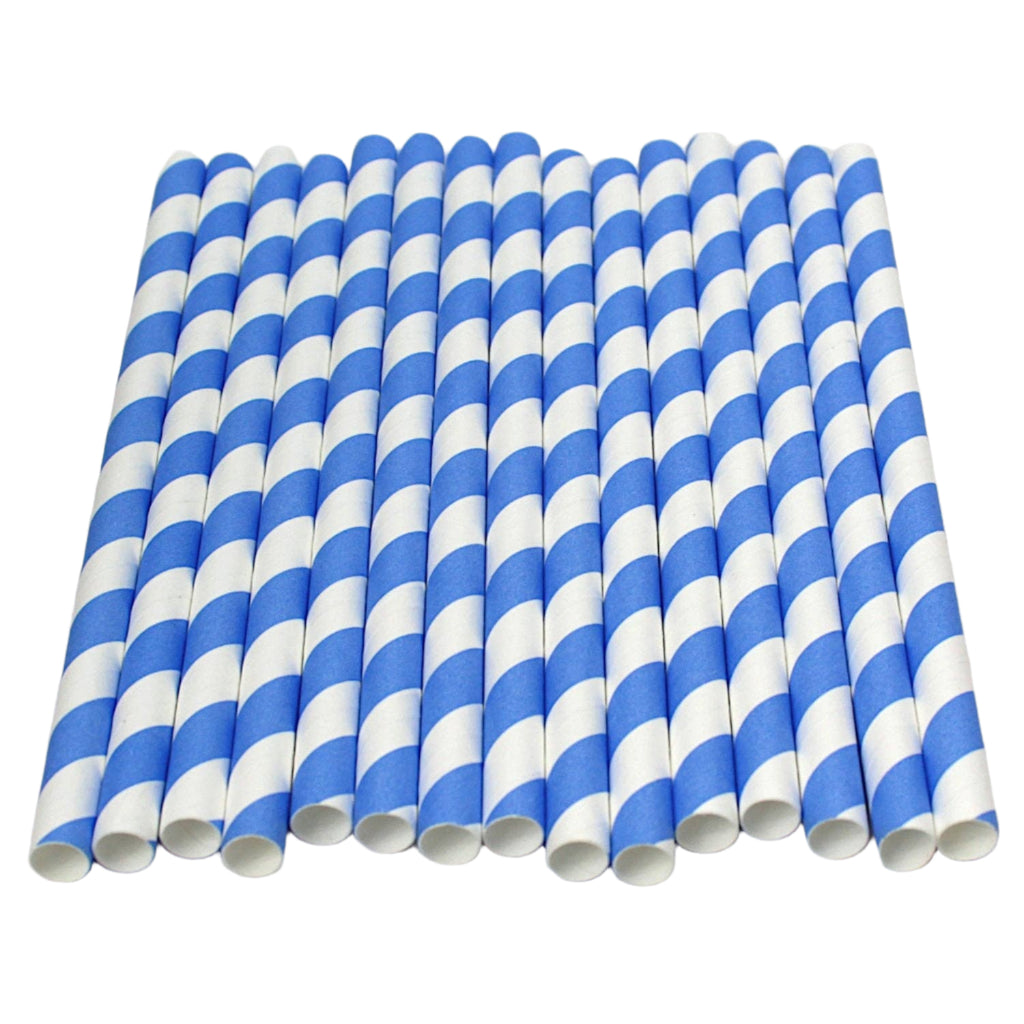 Set of blue and white striped paper straws on a gray background