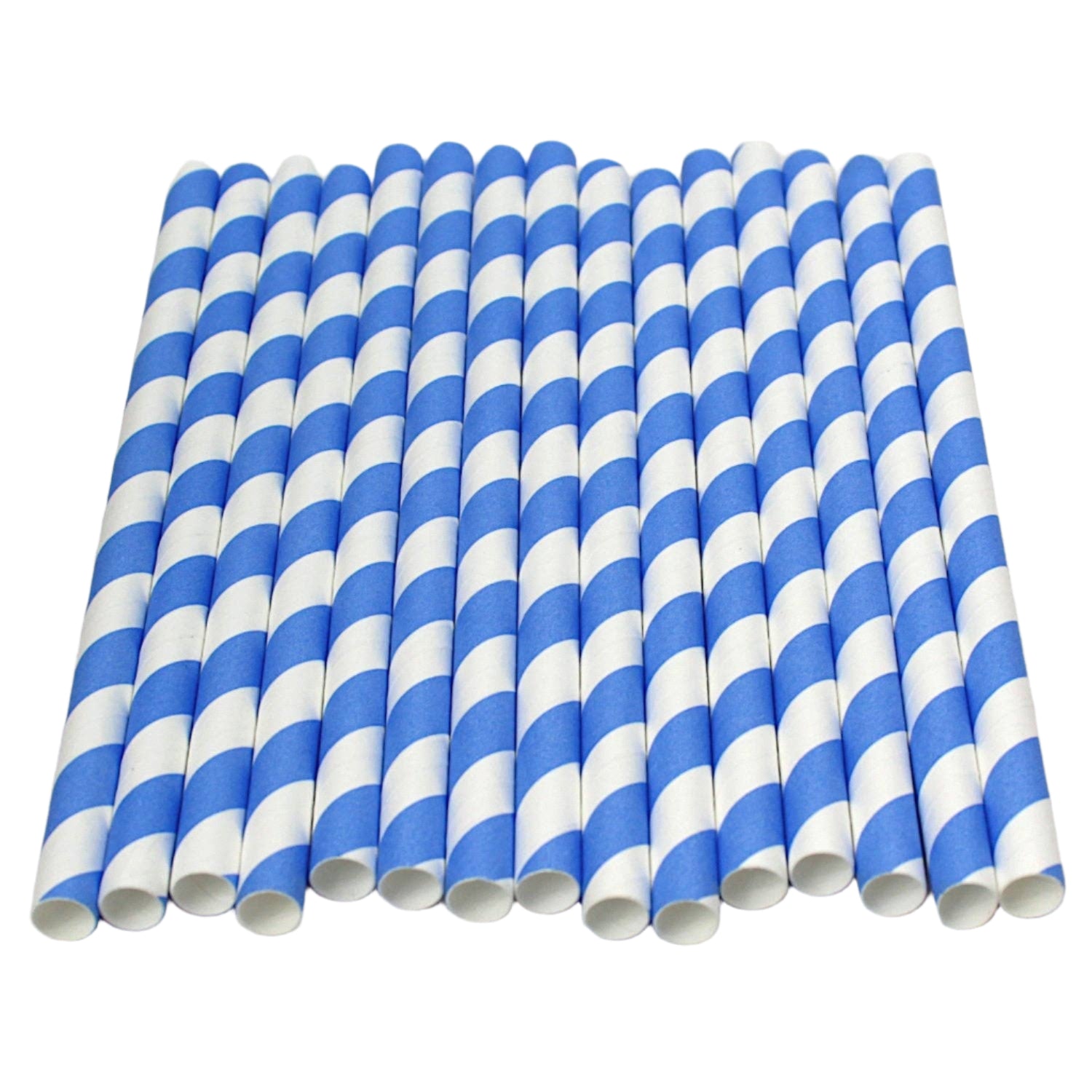 Set of blue and white striped paper straws on a gray background